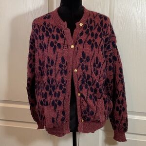 Vintage Burgundy and Black Flower Print Knit Cardigan Sweater with Pockets